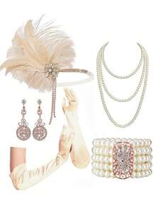 Yanxyad Set Aksesori Wanita Era 1920-an, Bando Dekoratif Flapper, Kalung Flapper, Sarung Tangan Era 20-an - Berwarna merah muda - View 9