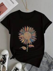Women's Short-Sleeved T-Shirt With Sunflower Print, Casual Everyday Wear, Made Of Pure Cotton, Comfortable And Informal Style, A Fun Gift For Boyfriends, Girlfriends, Parents And Ladies. - 黑色 - 查看 1