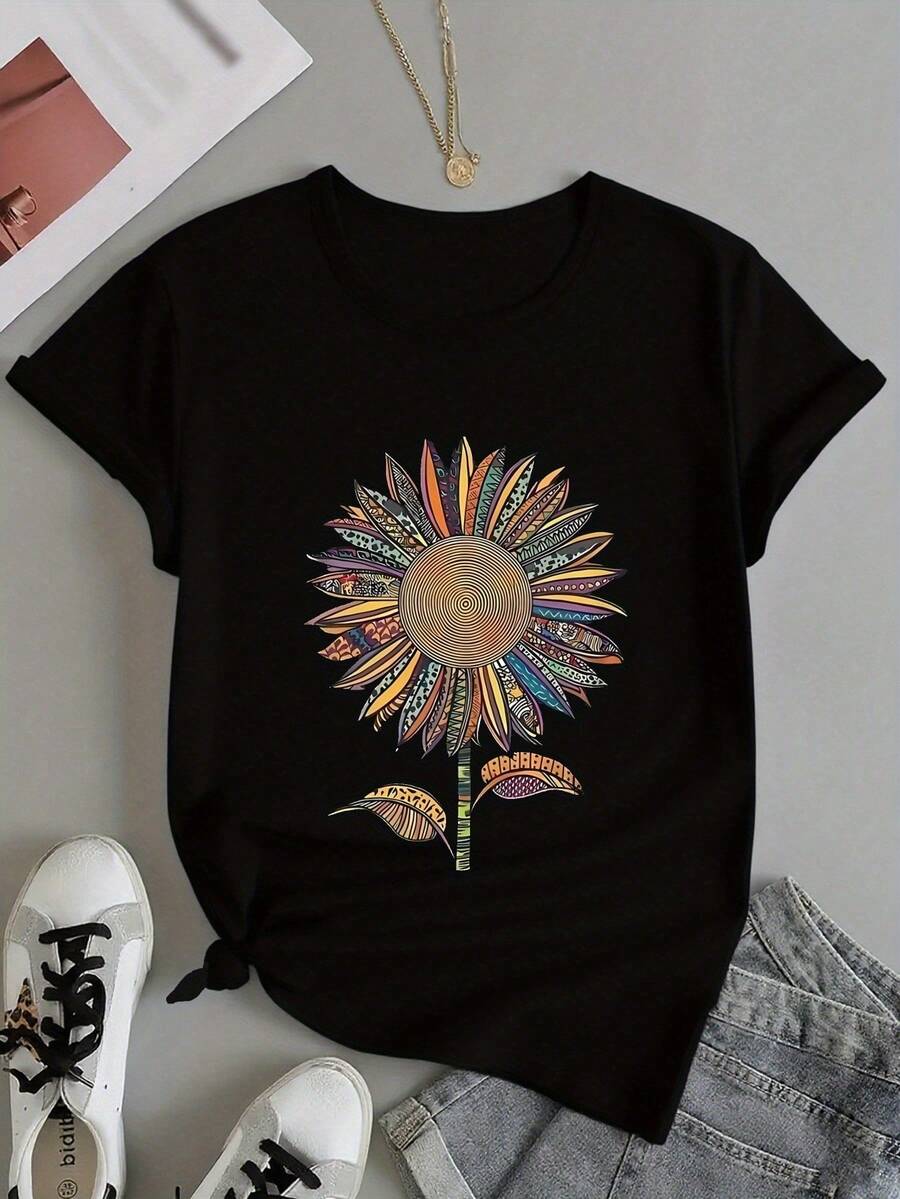 Women's Short-Sleeved T-Shirt With Sunflower Print, Casual Everyday Wear, Made Of Pure Cotton, Comfortable And Informal Style, A Fun Gift For Boyfriends, Girlfriends, Parents And Ladies. - 黑色 - 查看 1