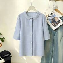 Women's Striped Short Sleeve Casual Blouse, New Summer Top - Blue and White Stripes - View 8