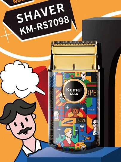 Kemei KM-RS7098 1个装时尚涂鸦电动剃须刀，USB充电迷你剃须刀，光头/胡须修剪器，高速便携式剃须刀，送给男友的礼物（涂鸦图案随机）