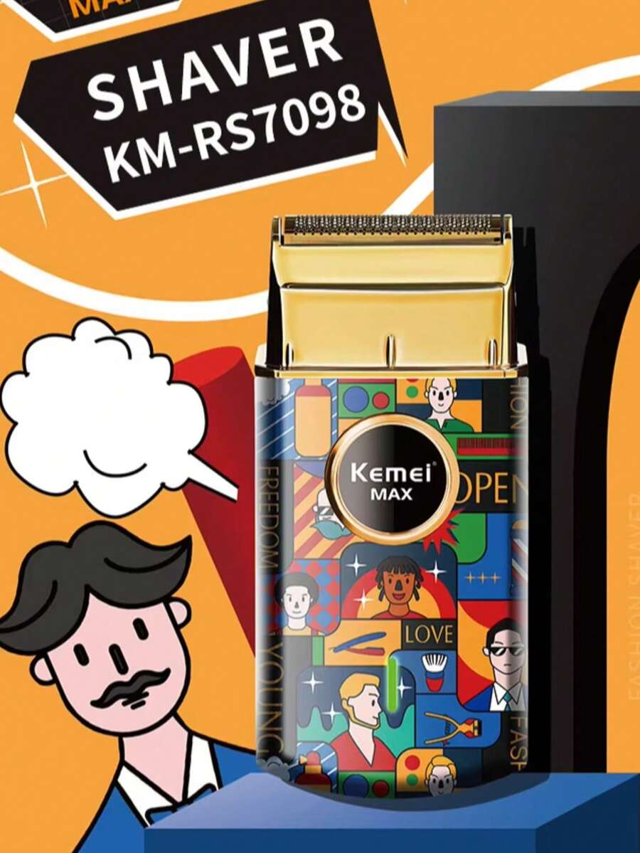 Kemei KM-RS7098 1个装时尚涂鸦电动剃须刀，USB充电迷你剃须刀，光头/胡须修剪器，高速便携式剃须刀，送给男友的礼物（涂鸦图案随机）