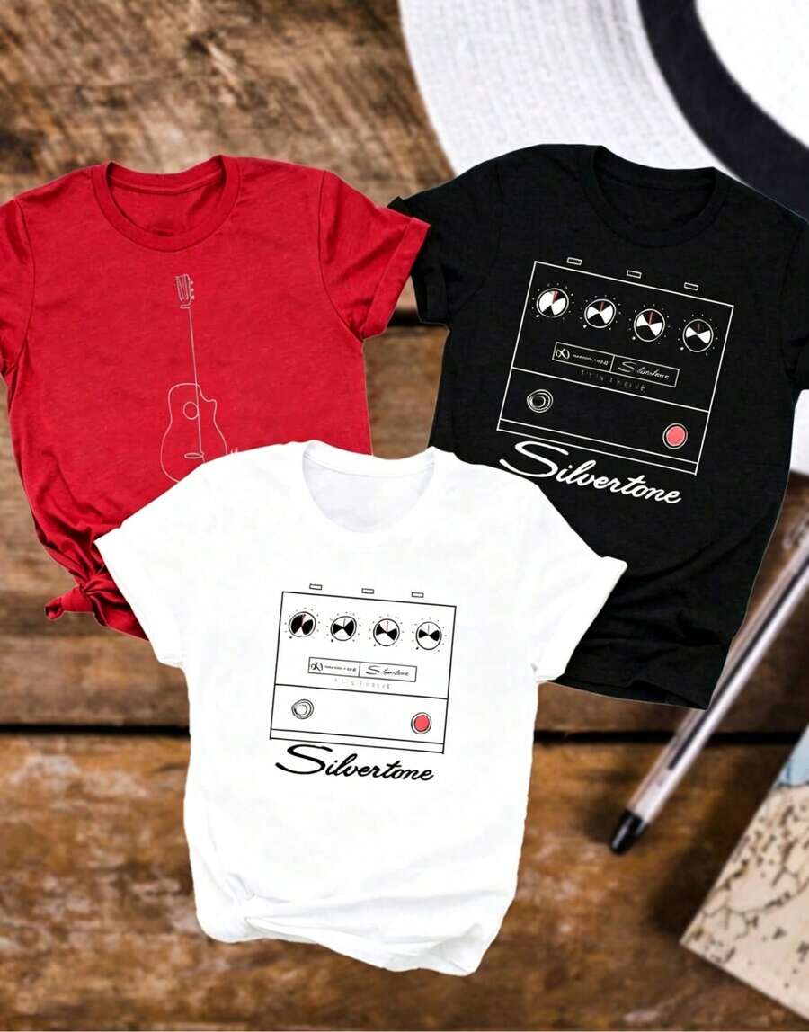 Artículo de moda: Camiseta 3 piezas/set de camisetas de manga suitable for streetwear, Top oversized cuello redondo daily outings, camping, concerts, hip-hop, rock, and rap events de manga corta para mujer, con estampado de diseño de amplificador de guitarra en tono plateado, camiseta de cuello redondo y manga corta para mujer, top deportivo casual transpirable de algodón puro, regalo para vacaciones, camiseta de mujer con diseño de mariposa de primavera y Pascua, camiseta para mujer. - Negro - Ver 1