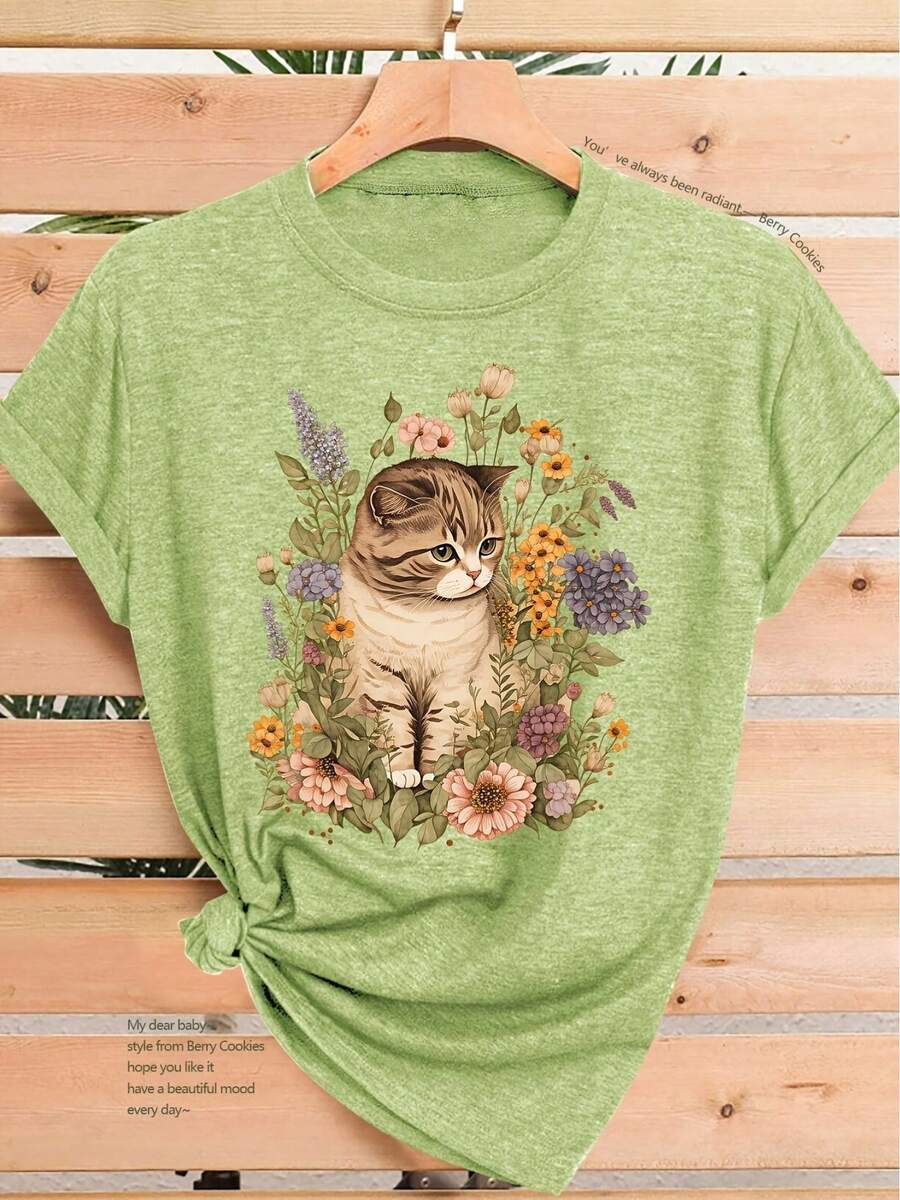 Nueva Camiseta de Manga Corta para Mujer 2026 con Estampados Florales Vintage de Gatos Británicos de Pelo Corto, Perfecta para Primavera, Verano y Otoño. Elegante y Versátil, Esta Camiseta Deportiva Casual Está Disponible en Tallas S-XXL - Verde - Ver 1