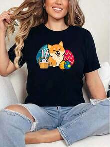 Round Neck Camiseta De Cuello Redondo Con Estampado De Perro Shiba Inu Con Huevos De Pascua Y Conejito De Pascua, 100% Algodón, Camiseta Gráfica Para Mujer, Casual De Manga Corta Para Primavera Y Verano, Ro Summer Essentials,Summer Outfits For Women,Graphic Tees Blusas Para Mujer Casual - Negro - Ver 6