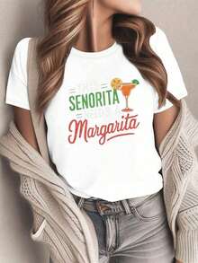 ComfortableCamisetas Ligeras con Estampado para Mujer, 100% Algodón, Modelo Margarita - Estampado "Esta Dama Necesita una Margarita", con diseño de salero y limonero, camiseta casual de mang - Blanco - Ver 8