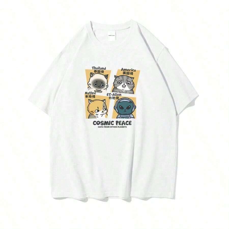 COOL SUMMER Cute Short Sleeve Cotton T-Shirt With And Print, Anime Style, Cartoon Fashion For Women And Girls, Kawaii Top | Exquisite Design | Loose And Comfortable | Easy To Match | - 白色 4 - 查看 1