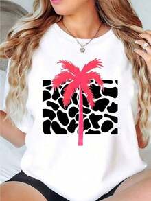 Playeras de mujer algodón, camiseta con estampado de leopardo y palmeras tropicales para mujer, suave, transpirable, ligera, cuello redondo, manga corta con gráfico rosa, ropa de playa casual unisex, ajuste cómodo para todas las estaciones, lavable a máquina, camisa de vacaciones para mujer y hombre, regalo de moda para vacaciones. - Blanco - Ver 7
