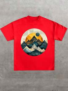 Plus Size T-Shirt With Mountain And Sun Print, A Tranquil Nature Scene Showing Layers Of Silhouetted Mountains In Front Of A Bright Sun, 100% Cotton T-Shirt For Calm And Style. - Red - View 1