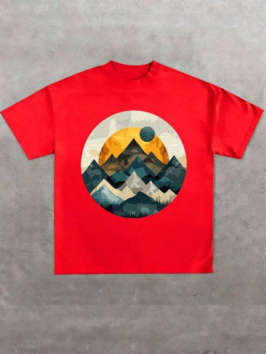 Plus Size T-Shirt With Mountain And Sun Print, A Tranquil Nature Scene Showing Layers Of Silhouetted Mountains In Front Of A Bright Sun, 100% Cotton T-Shirt For Calm And Style. - Red - View 1