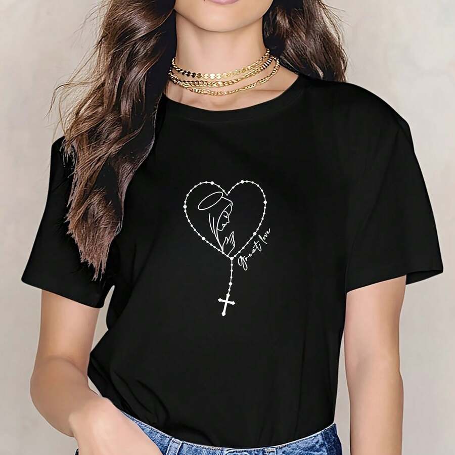 Women's Casual Black Round Neck Short Sleeve T-Shirt with Virgin Mary Rosary Graphic, Cute and Chic Polyester Top with Slight Stretch - Negro - Ver 1