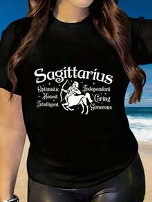 1 Piece Of Women's Short-Sleeved Crew Neck T-Shirt With A Fun Print Featuring The Sagittarius Zodiac Sign. The Design Represents The Optimistic, Honest, Intelligent, Independent, Caring, And Generous Archer. Suitable For Christmas Parties, Sports Activities, Holiday Parties, Outings, And Other Holiday Gifts. 180g - 黑色 - 查看 4