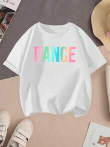 Perfecto para camisetas de verano con temática de baile para niñas, con llamativas letras "DANCE" y patrones de poses de baile - Top casual de manga corta y cuello redondo en un vibrante rojo, ideal para práctica de baile, presentaciones y uso casual - Tejido de punto elástico y cómodo, S - Blanco - Ver 7
