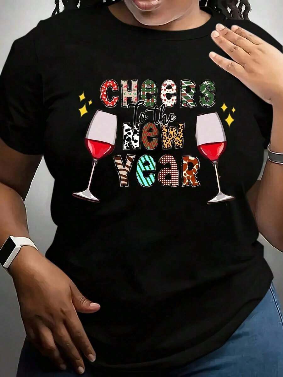 100% Cotton, Women's T-Shirt With Wine Glass Print And Colorful Pattern To Celebrate The New Year. - Black - View 1