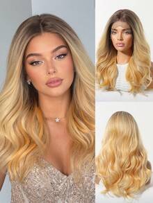Tóc giả ren phía trước 18 inch 13*4, màu ombre từ chân tóc tối sang xám bạc, tóc tổng hợp gợn sóng nhẹ, sợi chịu nhiệt, phù hợp cho sử dụng hàng ngày, đi làm, đi học, hẹn hò, sinh nhật, Halloween, Giáng sinh, Lễ Tạ ơn, lễ hội âm nhạc, quà tặng phong cách Y2K, chị gái, mẹ, bạn gái, trông tự nhiên, không cần keo, không cần cắt tỉa, không cần tẩy màu, dễ buộc, tóc giả ren phía trước gợn sóng ombre dài ngang vai thời trang dành cho nữ - Màu vàng - Xem 7