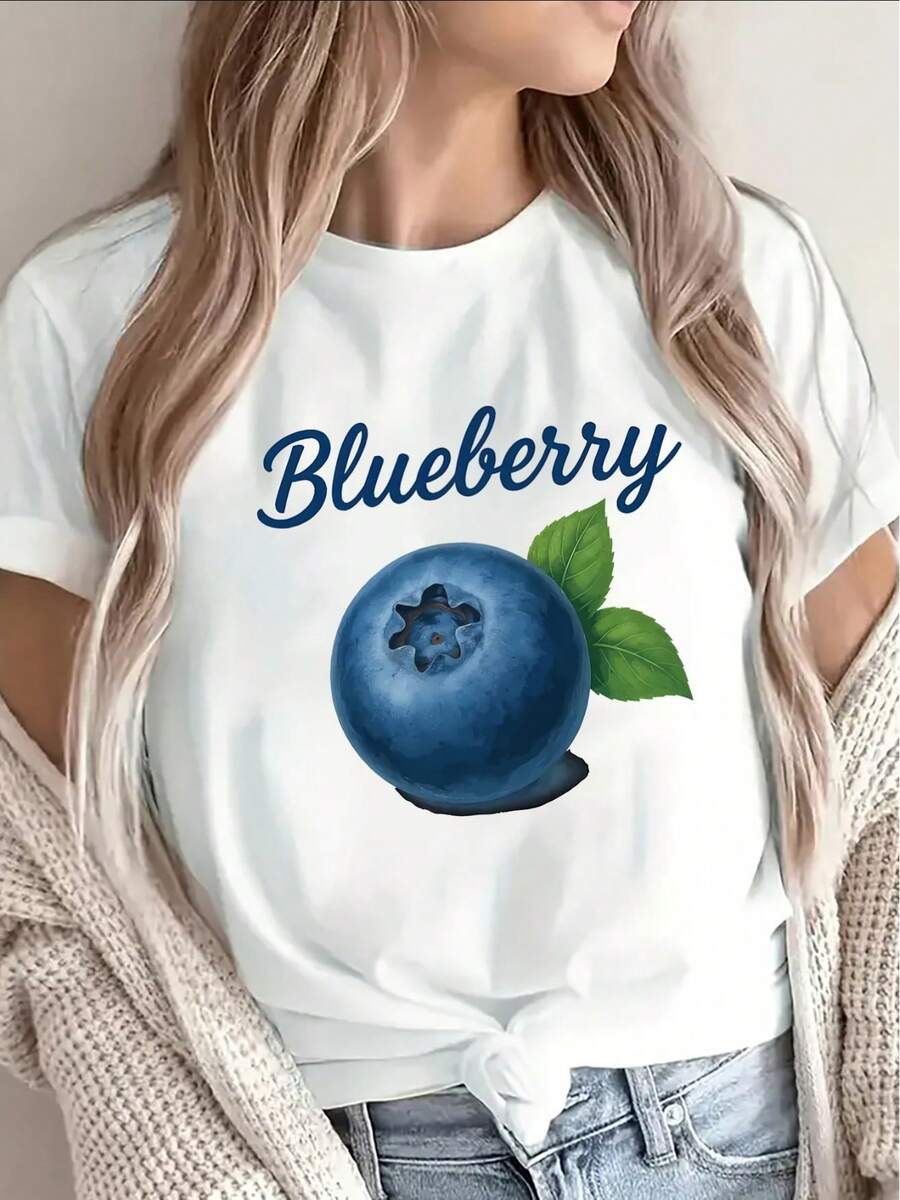 Women's Casual Short-Sleeved T-Shirt With A Blueberry Design, Suitable For Home, Kitchen, Or Outdoor Leisure Activities. Lightweight And Durable, Black Base T-Shirt With Bright Patterns. For Women - 白色 - 查看 1