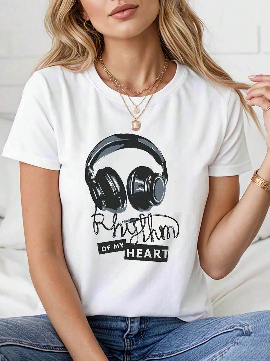 Camiseta Moderna Minimalista con Estampado de Música y Patrón de Auriculares "Ritmo de Mi Corazón" para Mujer, Manga Corta Casual de Primavera/Verano, Uso Diario, Regalo para Fiestas, Compras y Viajes, Atuendo para el Día de San Patricio, casual para el día a día. - Blanco - Ver 1