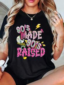 Talla Grande - Talla Grande - Esta camiseta casual de cuello redondo para mujer de talla grande • Estilo nostálgico de los años 80 y 90 • Con un diseño que dice 'HECHO EN LOS 80, LEVANTADO EN LOS 90' junto con patrones de CD y notas musicales • Es perfecta para primavera y verano. - Negro - Ver 6