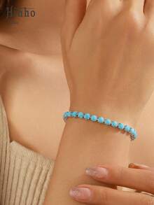 Hihho 1pc Copper Oxidized Zirconia Decorated Classic Tennis Chain Bracelet, Multi-Size Turquoise Inlaid Design Bracelet, Minimalist Multifunctional, Suitable For Women, Suitable For Daily, Bar, Travel Accessories - Turquoise Blue - View 9