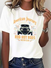 Camiseta Vintage de los Años 50 con Estampado de Coches Nostálgicos para Mujer - Suave, 100% holgada, de manga corta, con diseños americanos de los años 50, estampados de hot rods y coches clásicos, adecuada para ferias de coches y eventos temáticos, diseño geométrico, lavable a máquina, cómoda para todas las estaciones, blanca con llamativos diseños de coches vintage en naranja y negro, temática "American Journey Legendary Iron Wheels", camisetas y blusas para mujer, blusas para mujer, camisetas para mujer, camisetas vintage para mujer, camisetas y blusas para mujer, camisetas para mujer, Navidad, camisetas para mujer, camisetas, camisetas estampadas para mujer, blusas para mujer. - Blanco - Ver 7