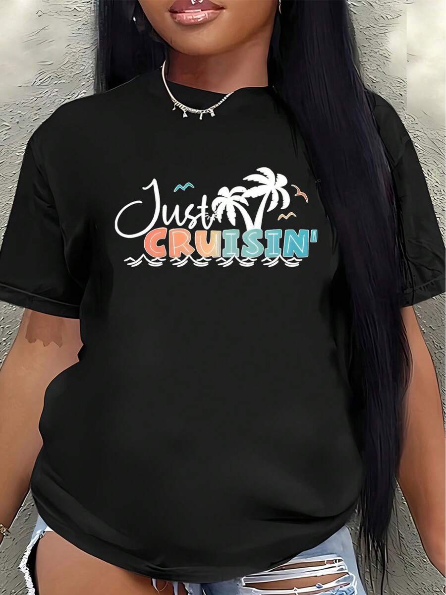Camiseta de manga corta con estampado de palmeras, camisa informal para vacaciones, unisex, ligera y cómoda, adecuada para vacaciones en la playa, blusa informal para mujer. - Negro - Ver 1