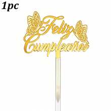 1pc/3pcs Gold Acrylic Butterfly & Rose Cake Topper, Birthday Party Decoration - Multicolor - View 17