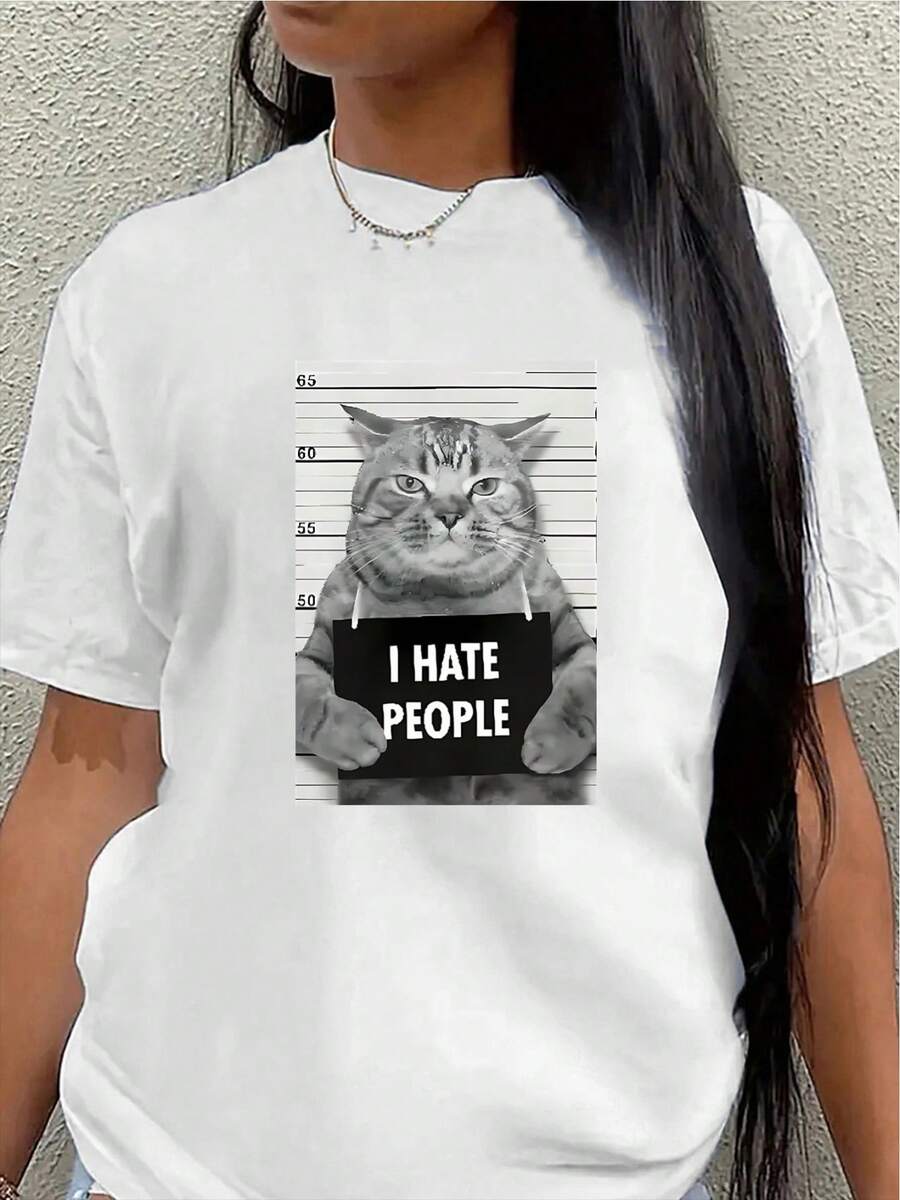 Polyester Short-Sleeved T-Shirt, Printed With A Cat Wanted Poster With The Message "I Hate Humans", Lightweight And Durable, Suitable For Casual Wear At Home, In The Office Or In A Restaurant, An Ideal Choice For Lovers Of Fashion And Humor. - 白色 - 查看 1