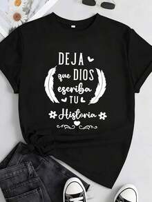 1 Inspirational T-Shirt For Women With Quote In Spanish - Let God Write Your Story - Casual Round Neck, Short Sleeve, Lightweight, Spring-Summer Fashion, Spiritual Gift Idea, Inspiration, 180g, 100% Cotton. - 黑色 3 - 查看 12