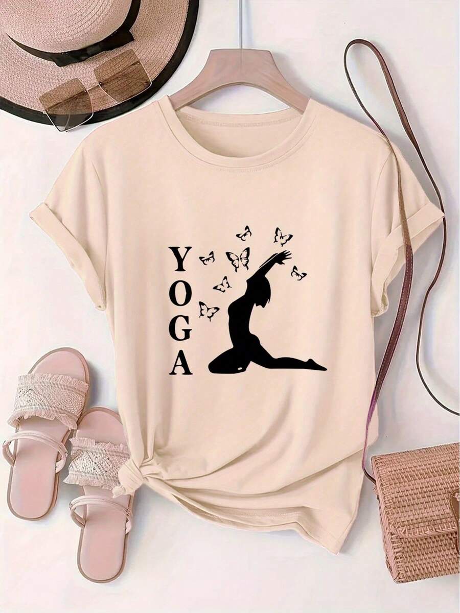 Women's T-Shirt, 100% Pure Cotton, Bohemian Style, With Artistic Floral Print, Casual, Basic, Short Sleeve, Fashionable. Women's T-Shirt With Vintage Bohemian Pattern, 100% Cotton, Soft, Breathable, Round Neck, Short Sleeve, Urban Boho Style. - 杏色 - 查看 1