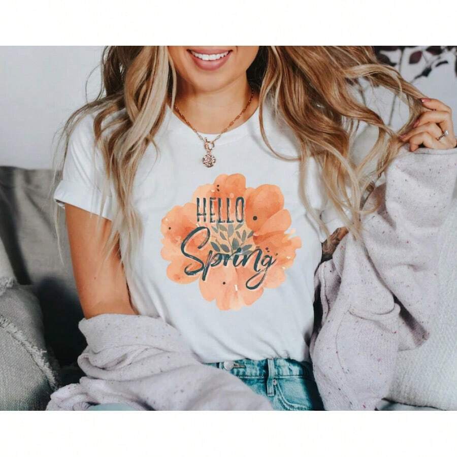 Hola camisa de primavera, linda camiseta de primavera, ropa de primavera, camiseta de primavera, camisas lindas para mujeres, camisas de mujer, camisas para mujeres - Blanco - Ver 1
