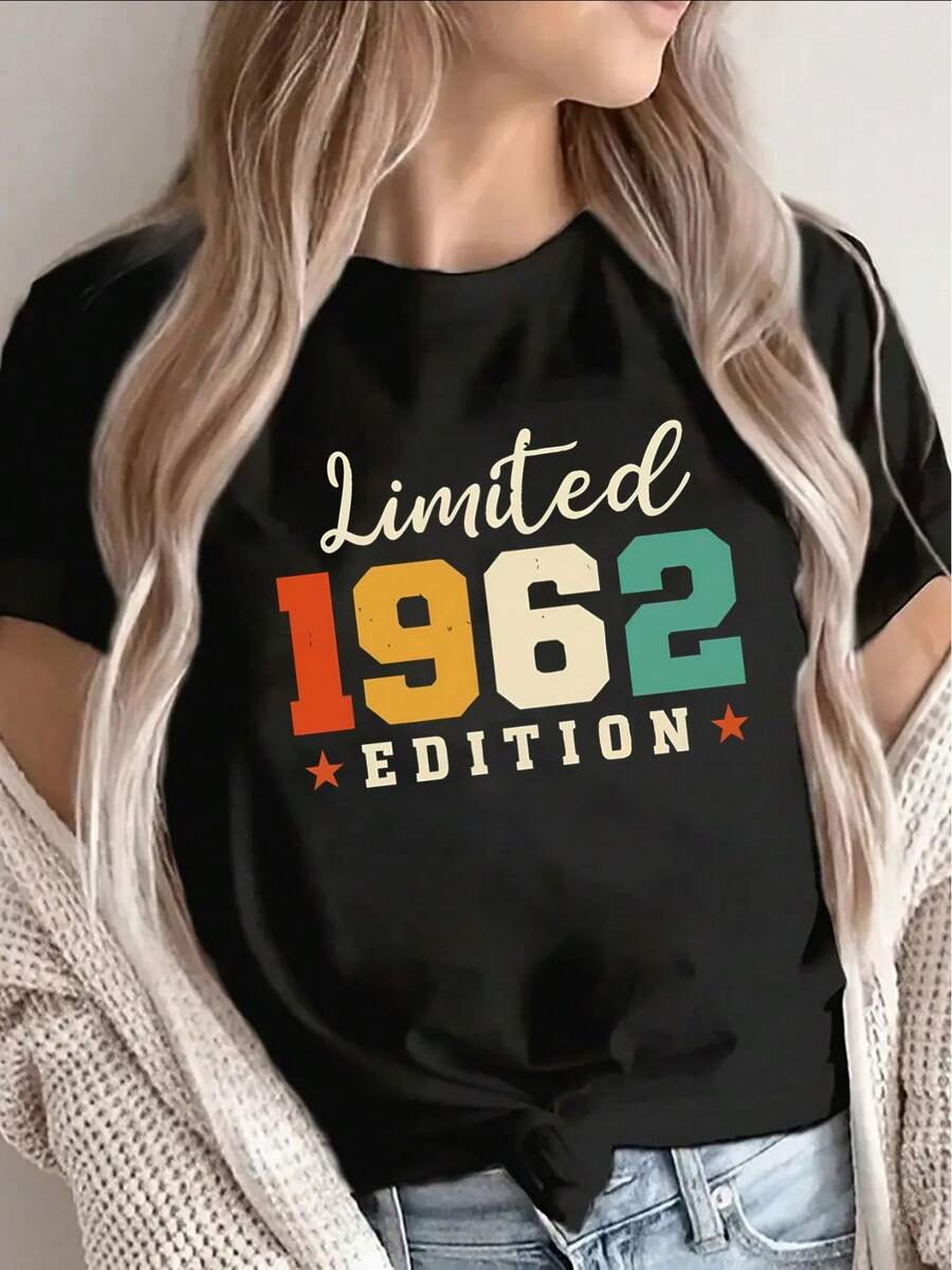 Camiseta de mujer, edición limitada de 1962, de manga corta, adecuada para uso casual en casa, el trabajo o restaurantes; ligera, duradera, cómoda, de diseño clásico. - Negro - Ver 1