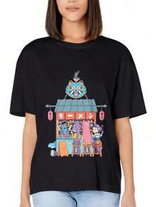 Camiseta de Mujer con Diseño de Gato de Dibujos Animados, Temática de Comida Callejera Japonesa, Ropa Casual de Verano, Regalo para Amantes del Anime |   Diseño exquisito |   Suelto y cómodo |   Fácil de combinar | - Negro - Ver 1
