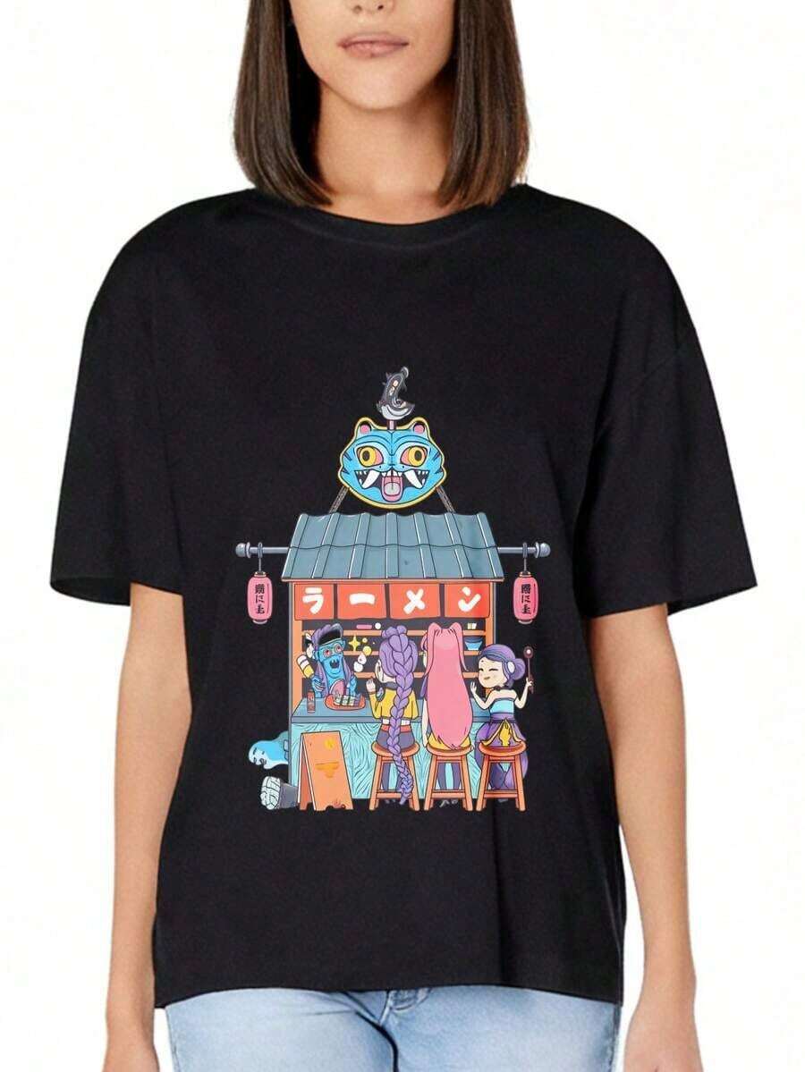 Camiseta de Mujer con Diseño de Gato de Dibujos Animados, Temática de Comida Callejera Japonesa, Ropa Casual de Verano, Regalo para Amantes del Anime |   Diseño exquisito |   Suelto y cómodo |   Fácil de combinar | - Negro - Ver 1