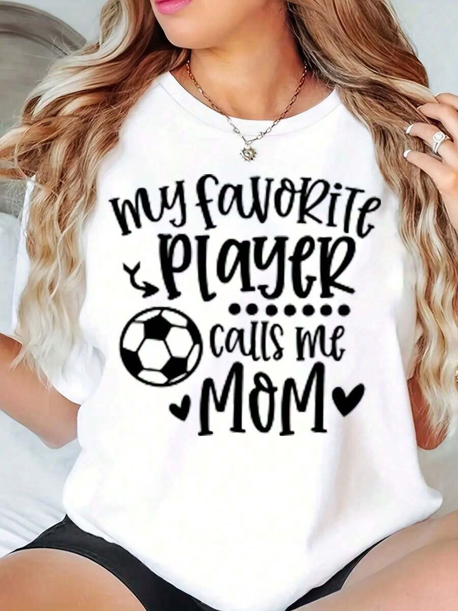 Camiseta de Mujer ModernoWomen con Estampado Gráfico de Fútbol 'Mi Jugador Favorito Me Llama Mamá', Regalo para el Día de la Madre, 220g, Ropa Casual - Blanco - Ver 1