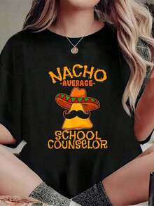 Camiseta Roja Oversize [Envío Nacional Gratis] 1 pieza Camiseta negra con estampado de "Nacho Counselor" para mujer, cuello redondo, casual de algodón, tejido de punto elástico de ajuste regular, para primavera/verano/otoño, Cinco de Mayo - Estilo - Ver 6
