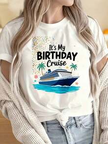 Women's And Men's Crew Neck Short Sleeve T-Shirts. Women's T-Shirt With Boat And Palm Tree Design, Ideal For Birthday Parties, Summer Vacations, Gifts, Fun Prints Suitable For Christmas Parties, Sports Activities, Holiday Parties, Outings, Sports And Other Festive Gifts. - 白色 - 查看 1