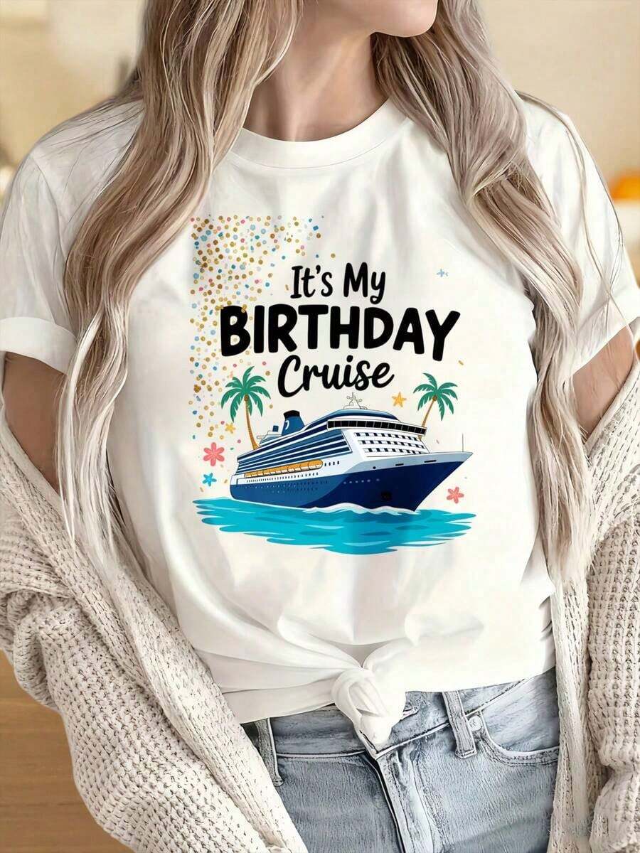 Women's And Men's Crew Neck Short Sleeve T-Shirts. Women's T-Shirt With Boat And Palm Tree Design, Ideal For Birthday Parties, Summer Vacations, Gifts, Fun Prints Suitable For Christmas Parties, Sports Activities, Holiday Parties, Outings, Sports And Other Festive Gifts. - 白色 - 查看 1