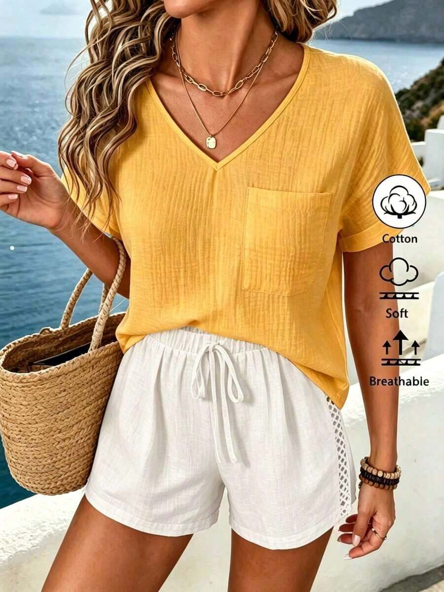 Blusa de mujer de algodón con doble capa y cuello en V de manga corta - Amarillo - Ver 1
