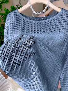 Blusa holgada y suelta de punto de unicolor y hueca para mujer en verano - Niebla azul - Ver 2