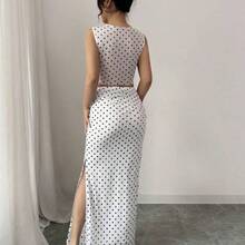 guangzhougaolangshangmao  Vestido ajustado de mujer con abertura, de malla con efecto tie-dye degradado sin mangas, conjunto de 2 piezas - Blanco - Ver 9