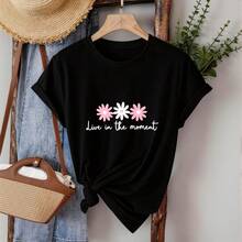 Camisetas para adolescentes Estampado con diseño Vive el Momento Sin Arrugas Ropa casual para vacaciones |Camiseta casual suave - Negro - Ver 1