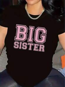 Camiseta de la Hermana Mayor |   Ideal para la sala de estar familiar, tela duradera y cómoda, elegante diseño de letras rosas, regalo perfecto para reuniones familiares y uso diario, cuello redondo, tela cómoda, camiseta de manga corta versátil. - Negro - Ver 12