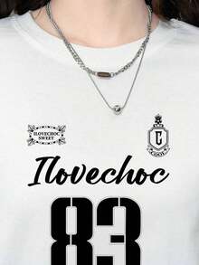 Camiseta de mujer de marca de moda de algodón puro beige de cuello redondo holgado, estampado numérico negro, casual, minimalista de manga corta, ajuste relajado de algodón - Blanco - Ver 6