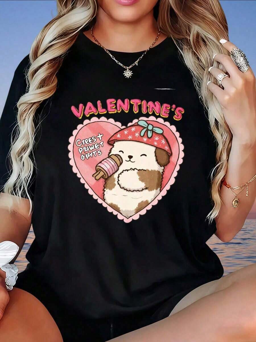 Plus Size Women's Short Sleeve T-Shirt With Heart, Ice Cream And Cute Dog Print For Valentine's Day, For Girls And Women, 220g, 100% Cotton. - 黑色 - 查看 1