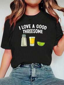 ClassicBartender Me Encanta Un Buen Trío Camiseta de Camarero para Mujer, Moderna, Casual, de Cuello Redondo y Manga Corta, Camiseta de Verano - Negro - Ver 1