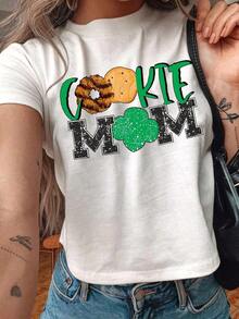 Camiseta de verano para mujer Biscuit Mom, casual, estampada, de cuello redondo, manga corta, ajustada y corta, adecuada para primavera, verano y otoño. - Blanco - Ver 7