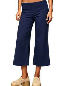 Womens Low Rise Capri Pants Fold Over Waistband Solid Color Slim Fit Cropped Pants Trousers - 藍色 - 查看 1