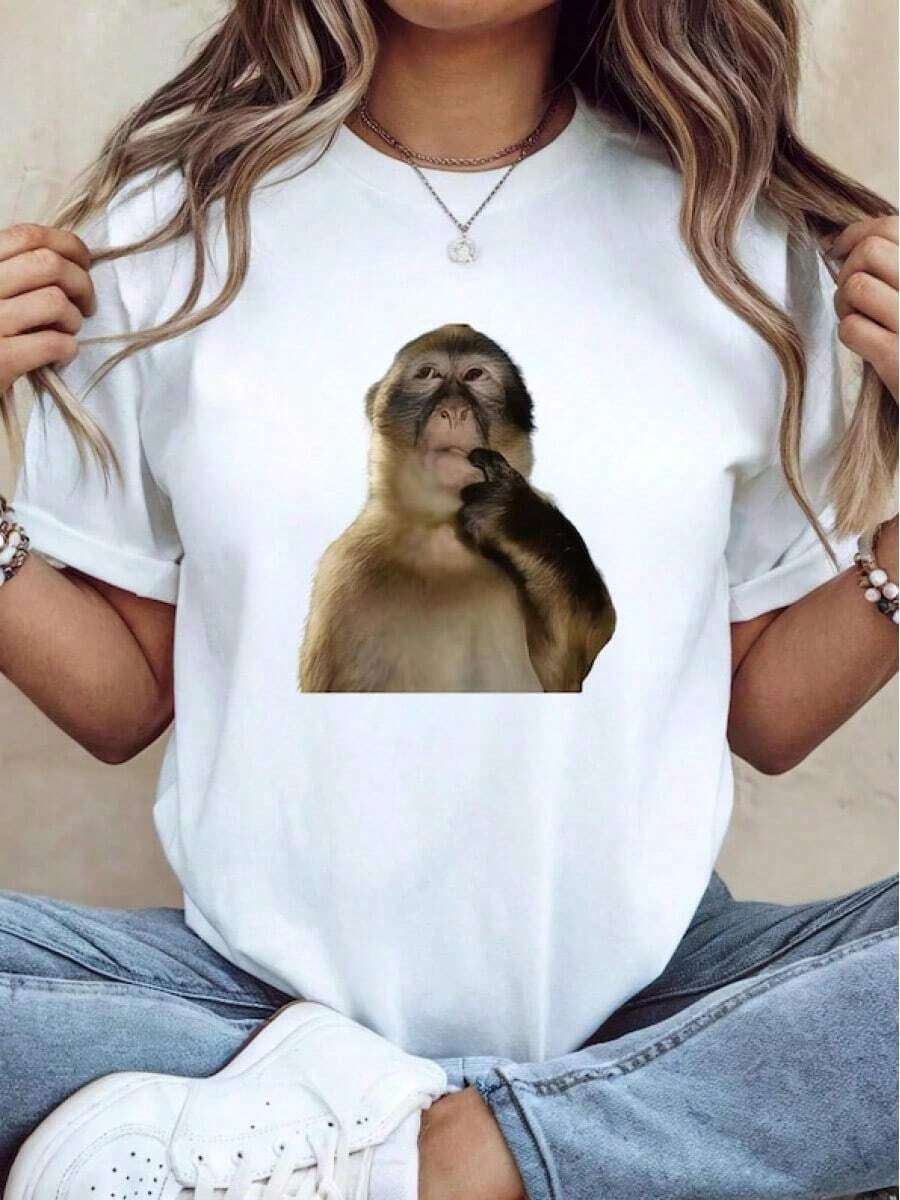 Camiseta Divertida de Mono: Humor "Brainrot", Mono Pensador, Mirada de Desdén, Xing Xing, No Es Mi Circo, Camiseta Sarcástica y Atrevida, Estilo Urbano Vintage, Unisex, de Algodón, Manga Corta, Cuello Redondo, Camisetas para Mujer. blusas.blusas casuales para dama. - Blanco - Ver 1