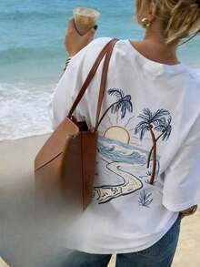 Nueva Camiseta Casual de Verano con Estampado de Cocotero, Cuello Redondo y Manga Corta, Blusa de Mujer Moderna y Versátil para Vacaciones, Estilo Urbano Vintage Blanco, Camiseta Unisex Holgada de Algodón con Cuello Redondo y Manga Corta. blusas.blusas casuales para dama. - Blanco - Ver 1