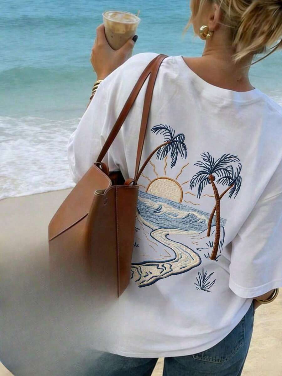 Nueva Camiseta Casual de Verano con Estampado de Cocotero, Cuello Redondo y Manga Corta, Blusa de Mujer Moderna y Versátil para Vacaciones, Estilo Urbano Vintage Blanco, Camiseta Unisex Holgada de Algodón con Cuello Redondo y Manga Corta. blusas.blusas casuales para dama. - Blanco - Ver 1